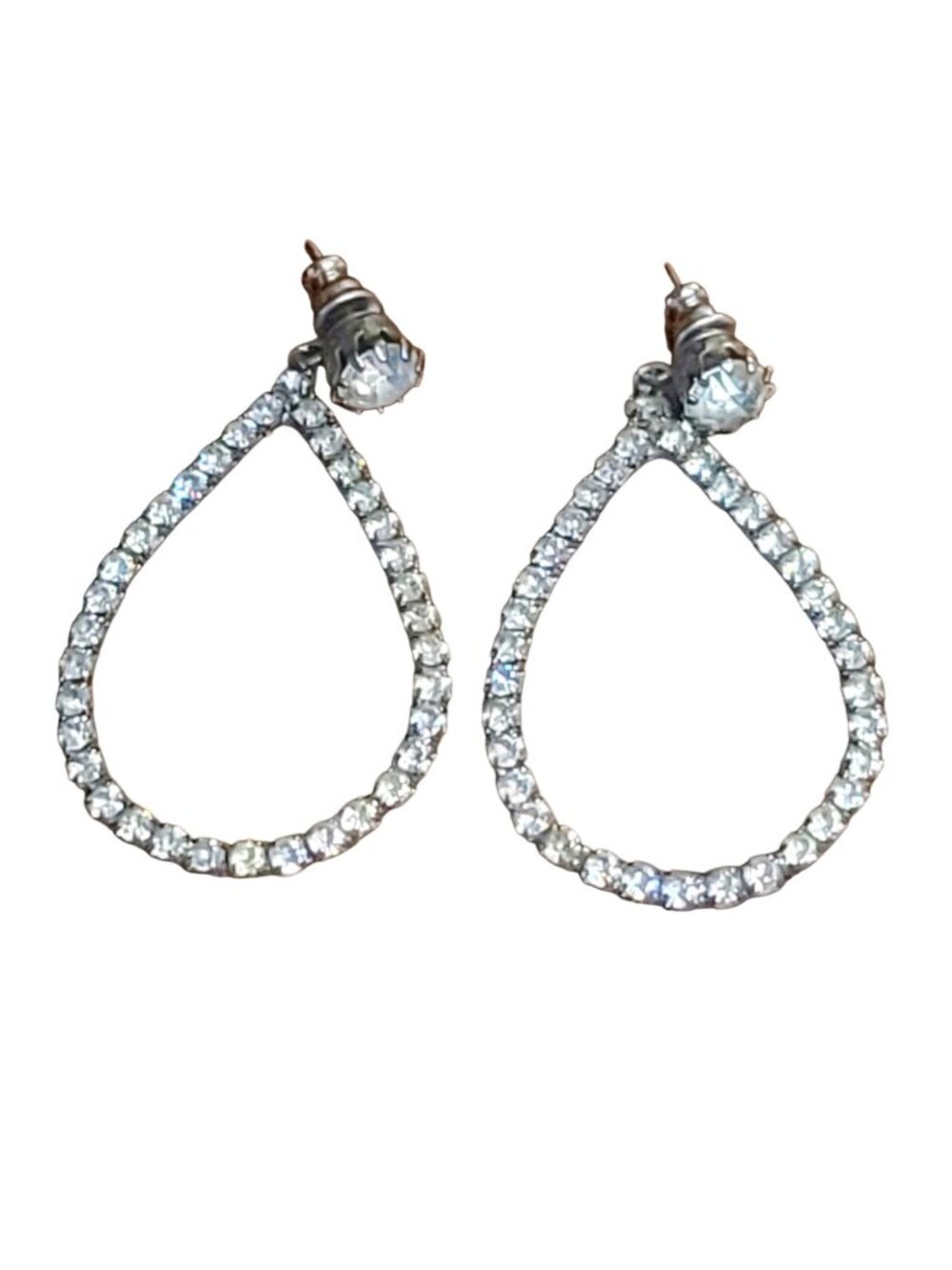Vintage Open Teardrop Rhinestone Dangle Earrings With Post Back Design - Picture 3 of 8